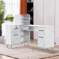Inbox Zero Kowlessar L-Shaped Manicure Table with Drawers and Shelves for Storage, Salon Corner Nail Desk