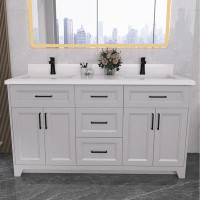 OFIYAA 60"" Free Standing Double Bathroom Vanity With Cultured Marble Top - Integrated Sink - Soft Closing Doors & Drawe