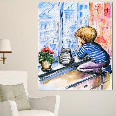 Design Art 'Little Boy and Cat Watching City' Painting Print on Wrapped Canvas in Arts & Collectibles