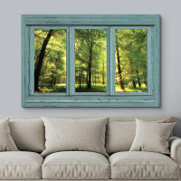 IDEA4WALL Vintage Teal Window Looking Out Into a Green Forest and Sun Rays Peeking Through