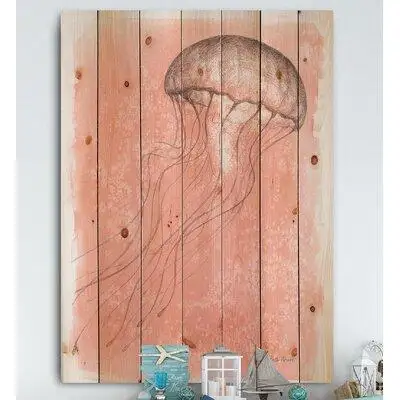 East Urban Home Coastal Sea Life IV Jellyfish Sketches - Nautical and Coastal Print on Natural Pine Wood