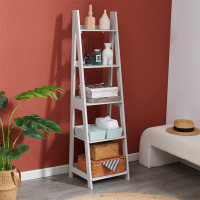 Latitude Run® 5 Tier Bookshelf Storage Ladder Shelf Flower Stand, Easy To Assemble, Real Wood (Light Grey)