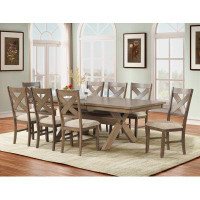 Gracie Oaks Raven Wood 9-Piece Dining Set, Extendable Trestle Dining Table With 8 Chairs, Glazed Pine Brown