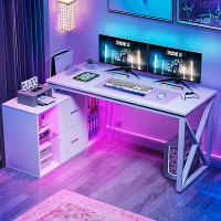 Wrought Studio Kaysleigh L Shaped Desk With LED Light & Power Outlets, 55 Inch Reversible Corner Desk With File Cabinet