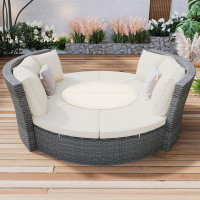 wendeway Patio 5-Piece Round Rattan Sectional Sofa Set All-Weather PE Wicker Sunbed Daybed With Round Liftable Table And