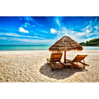 Highland Dunes Lounge chairs on Beach - Wrapped Canvas Photograph