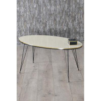 Mercer41 White Marble Print Oval Coffee Table With Black 3-Rod Metal Legs,Faux Marble Coffee Table With Gold/Black Side