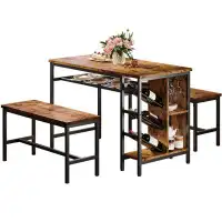 17 Stories Kitchen Table 47in, 3pc Dining Table Set With 2 Benches, Wine Rack And Glass Holder, Space-saving Dinette, Vi
