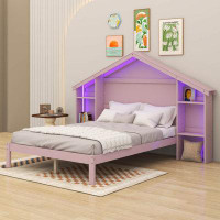 Ivy Bronx Wood Full Size Platform Bed With House-Shaped Storage Headboard And Built-In LED