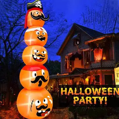 The Holiday Aisle® 14 Ft Giant Halloween Inflatables Pumpkin Outdoor Decorations 5 Pirate Pumpkin Stack Blow Up Build-In