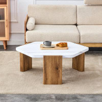 Latitude Run® Modern practical MDF coffee table with white tabletop and wooden toned legs.