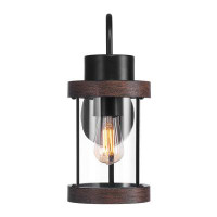 Breakwater Bay 1-Light Matte Black Outdoor Wall Sconce with Clear Glass Shade and Faux Wood Accents