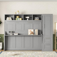 Everly Quinn Queen Size Murphy Bed Wall Bed With Closet And Drawers,Grey