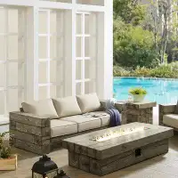 Modway Manteo Rustic Coastal Outdoor Patio Sofa Set With Fire Pit Table In Light Grey Beige