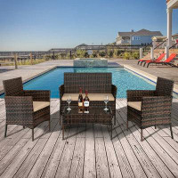 Wildon Home® Namyia 4Pcs Outdoor Wicker Conversation Set, Patio Furniture Set Loveseat Tempered Glass Coffee Table Outdo
