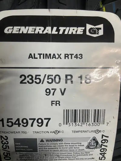 4 Brand New General Altimax RT43  in 235/50/18 All Season  Tires  *** WallToWallTires.com ***