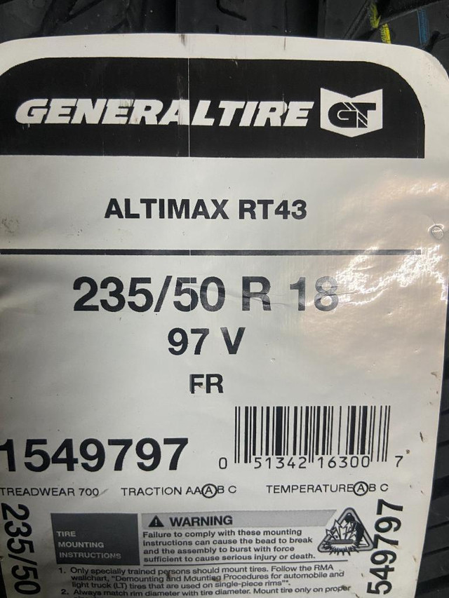 4 Brand New General Altimax RT43  in 235/50/18 All Season  Tires $50 REBATE!!! *** WallToWallTires.com *** in Tires & Rims in Ottawa / Gatineau Area