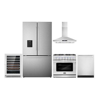 Cosmo 5 Piece Kitchen Package With 36" Freestanding Gas Range 36" Wall Mount 24" Built-in Fully Integrated Dishwasher Fr in Refrigerators