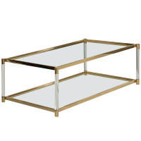 Everly Quinn Acrylic Rectangular Modern Gold Metal Coffee Table With Tempered Glass And Shelf For Office, Dining Room, E