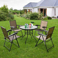 Arlmont & Co. Freeport Park® 5pcs Bistro Patio Furniture Set 4 Folding Adjustable Chairs Glass Table W/hole