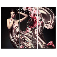 Design Art Woman in Fabric and Flowers - 3 Piece Graphic Art on Wrapped Canvas Set