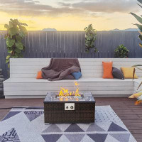 AJ ENJOY 15'' H x 32'' W Outdoor Propane Fire Pit Table with Metal Cover Lid and Marble Texture Top