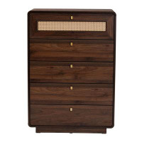 Wholesale Interiors Baxton Studio Jenibelle Classic Walnut Brown Wood 5-Drawer Chest With Rattan Drawer