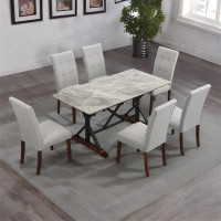 Red Barrel Studio 7-piece Modern Dining Table Set, Gray Sintered Stone Dining Table With 6 Tufted Upholstered Chairs
