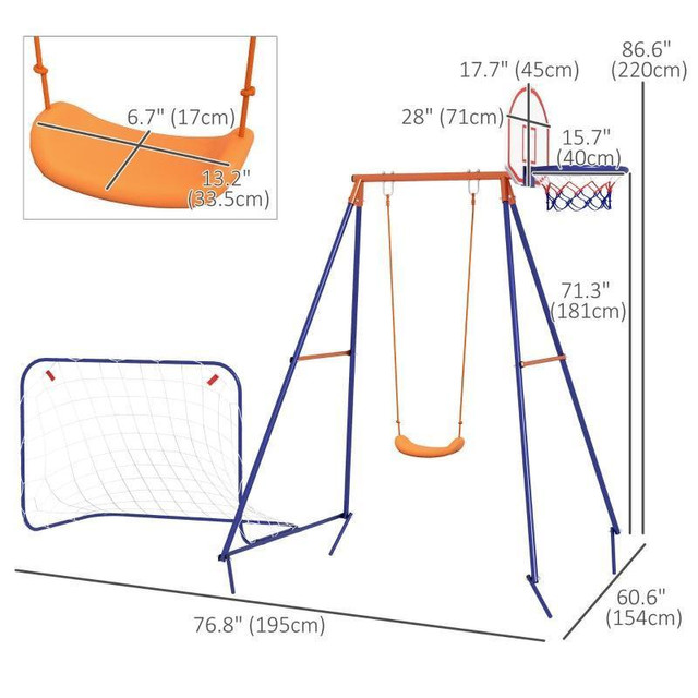KIDS SWING OUTDOOR WITH SWING SEAT, BASKETBALL HOOP AND FOOTBALL GOAL, GROUND STAKES FOR 3-8 YEARS OLD in Toys & Games - Image 4