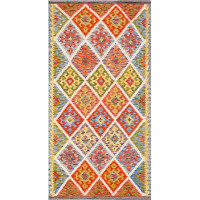 Pasargad Kilim One-of-a-Kind 3'5" x 6"8" Area Rug in Green/Orange/White/Light Blue