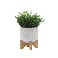 Dakota Fields Ceramic Planter on Wooden Stand - Dotted Design with Aztec Style Look - Planter for Indoor or Outdoor Plan