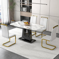 Everly Quinn 1 Table And 4 Chairs. Modern, Simple And Luxurious White Imitation Marble Rectangular Dining Table And Desk