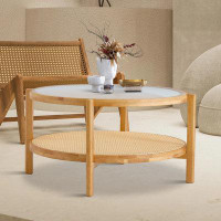 Ivy Bronx Rustic Round Coffee Table with Glass Top and Woven Rattan Shelves