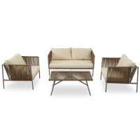 Hokku Designs Go Beige 4-piece Patio Set: All-weather Rope Sofa, Loveseat, Thick Cushions & Glass Table For Four