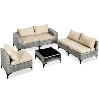 Ebern Designs Outdoor 6-Piece Wicker Patio Conversation Set with Thickened Cushions and Storage Glass Coffee Table