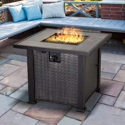 This modern propane gas fire pit will help you enjoy long evenings and chilly days while staying war...