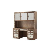 Benjara Wooden Computer Desk And Hutch With Vintage Mirror Fronts, Brown