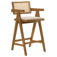 Bay Isle Home™ Alphild Solid Wood Bar Stool with Woven Rattan Back and Upholstered Seat Light Walnut (Set of 2)