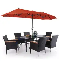 Lark Manor 7-piece Metal Steel Outdoor Pe Rattan Wicker Dining Set With Umbrella, Navy Blue Cushions, Rectangular Dining