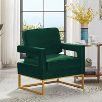Everly Quinn Modern Accent Chair with Gold Metal Base,Velvet Upholstered Leisure Chair with Open Armrest, Cream