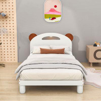 RBParadise Wooden Platform Bed with Bear Ears Shaped Headboard and LED