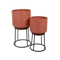 Benjara 24 Inch Metal Planters With Stand, Set Of 2, Terracotta And Black