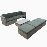 Latitude Run® Patio Furniture Sets, 5-Piece Patio Wicker Sofa With Adustable Backrest, Cushions