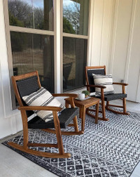 Outdoor Patio 3 Piece Wood Rocking Arm Chair Set with Side Table