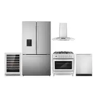 Cosmo 5 Piece Kitchen Package With 36" Freestanding Dual Fuel Range 36" Wall Mount Range Hood 24" Built-in Fully Integra