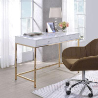 Everly Quinn 2 Drawers Writing Desk In White High Gloss And Gold