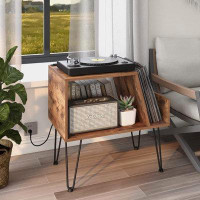 Latitude Run® Vinyl Record Player Stand With LED Light Charging Station USB Port Turntable Stand Lps Album Storage Cabin