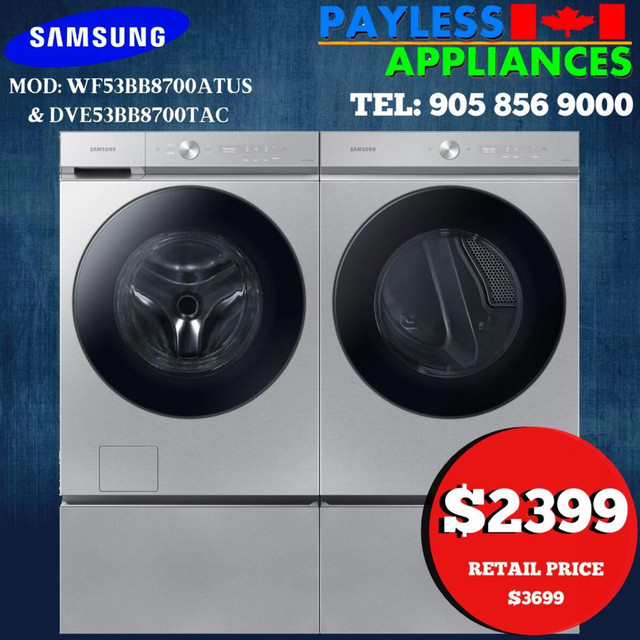 Samsung Bespoke WF53BB8700ATUS 27 Steam Clean Front Load Washer &amp; DVE53BB8700TAC Steam Clean Electric Dryer Pair in Washers & Dryers in Markham / York Region