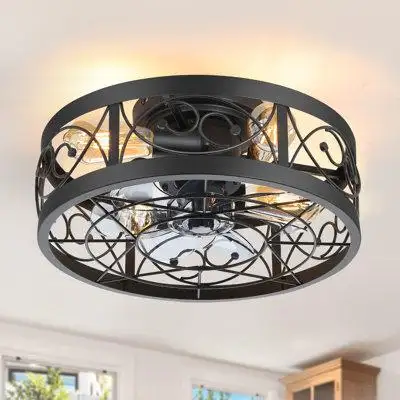 This 17'' black industrial caged reversible 7-blade ceiling fan with lights features an open cage de...