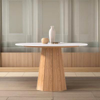 Orren Ellis Simple Japanese white sintered stone solid wood dining table (ash)